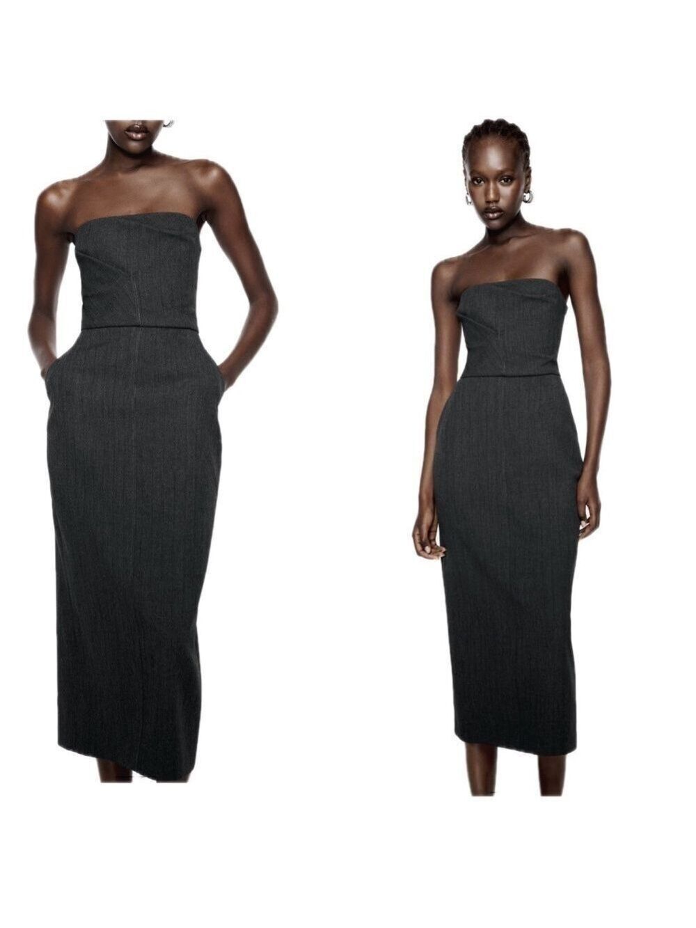 Zara gray strapless midi pencil dress pockets slit Sz S NWT